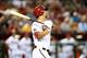 Aug. 6, 2013; Phoenix, AZ, USA: Arizona Diamondbacks batter Eric Chavez hits an RBI double in the fourth inning against the Tampa Bay Rays at Chase Field. Mandatory Credit: Mark J. Rebilas-USA TODAY Sports