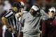 Oct 27, 2012; Auburn, AL, USA: Texas A&M head coach Kevin Sumlin questions an official during the first half against the Auburn Tigers at Jordan-Hare Stadium. The Aggies beat the Tigers 63-21. Mandatory Credit: John Reed-USA TODAY Sports