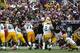 Oct 13, 2013; Baltimore, MD, USA; Green Bay Packers kicker Mason Crosby (2) connects on an extra point attempt against the Baltimore Ravens at M&T Bank Stadium. Mandatory Credit: Mitch Stringer-USA TODAY Sports