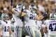 FORT WORTH, TX - NOVEMBER 10: Jonathan Truman #21 of the Kansas State Wildcats celebrates his fumble recovery against the TCU Horned Frogs with Ryan Mueller #44 at Amon G. Carter Stadium on November 10, 2012 in Fort Worth, Texas. (Photo by Ronald Martin