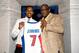 AUBURN HILLS - AUGUST 6: Joe Dumars, President of Basketball Operations, introduces new Detroit Piston, Brandon Jennings at a press conference on August 6, 2013 at Palace of Auburn Hills in Auburn Hills, Michigan. NOTE TO USER: User expressly acknowledge