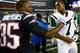 FOXBORO, MA - SEPTEMBER 12: Geno Smith #7 of the New York Jets is greeted by Kenbrell Thompkins #85 of the New England Patriots following the Jets 10-13 loss during the game at Gillette Stadium on September 12, 2013 in Foxboro, Massachusetts. (Photo by J