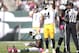 EAST RUTHERFORD, NJ - OCTOBER 13: Wide receiver Antonio Brown #84 of the Pittsburgh Steelers celebrates a first down with defensive back Antonio Cromartie defending on the play on October 13, 2013 at MetLife Stadium in East Rutherford, New Jersey. (Photo