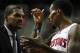 Oct 8, 2013; Auburn Hills, MI, USA; Detroit Pistons head coach Maurice Cheeks listens to point guard Brandon Jennings (7)during the second quarter against Haifa at The Palace of Auburn Hills. Mandatory Credit: Raj Mehta-USA TODAY Sports