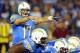 Oct 14, 2013; San Diego, CA, USA; San Diego Chargers quarterback Philip Rivers (17) calls plays at the line during the second half against the Indianapolis Colts at Qualcomm Stadium. The Chargers won 19-9. Mandatory Credit: Christopher Hanewinckel-USA TOD