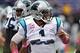 Oct 13, 2013; Minneapolis, MN, USA; Carolina Panthers quarterback Cam Newton (1) laughs prior to the game against the Minnesota Vikings at Mall of America Field at H.H.H. Metrodome. Mandatory Credit: Brace Hemmelgarn-USA TODAY Sports