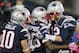 FOXBORO, MA - OCTOBER 13: Quarterback Tom Brady #12 of the New England Patriots celebrates with wide receiver Kenbrell Thompkins #85 after they connected for the game winning touchdown against the New Orleans Saints during the Patrioits 30-27 win at Gille