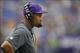 Oct 13, 2013; Minneapolis, MN, USA; Minnesota Vikings head coach Leslie Frazier watches as his team plays the Carolina Panthers at Mall of America Field at H.H.H. Metrodome. Panthers win 35-10. Mandatory Credit: Bruce Kluckhohn-USA TODAY Sports