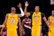 LOS ANGELES, CA - FEBRUARY 22: Dwight Howard #12 and Kobe Bryant #24 of the Los Angeles Lakers celebrate while playing the Portland Trail Blazers at Staples Center on February 22, 2013 in Los Angeles, California. NOTE TO USER: User expressly acknowledges