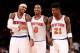 Mar. 27, 2013; New York, NY, USA; New York Knicks small forward Carmelo Anthony (7), shooting guard J.R. Smith (8) and small forward Iman Shumpert (21) smile on the court against the Memphis Grizzlies during the second half at Madison Square Garden. Knick