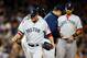 Oct 16, 2013; Detroit, MI, USA; Boston Red Sox manager John Farrell (center) relieves starting pitcher Jake Peavy (44) during the fourth inning in game four of the American League Championship Series baseball game against the Detroit Tigers at Comerica P