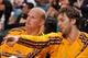 LAS VEGAS, NEVADA - OCTOBER 10: Chris Kaman #9 and Pau Gasol #16 of the Los Angeles Lakers discus a play during the game against the Sacramento Kings at the MGM Grand Garden Arena on October 10, 2013 in Las Vegas, Nevada. NOTE TO USER: User expressly ack