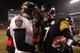 PITTSBURGH, PA - JANUARY 15: Quarterback Ben Roethlisberger #7 of the Pittsburgh Steelers speaks with quarterback Joe Flacco #5 of the Baltimore Ravens following the AFC Divisional Playoff Game at Heinz Field on January 15, 2011 in Pittsburgh, Pennsylvan