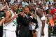 BOSTON - JUNE 17: (L-R) Paul Pierce #34, head coach Doc Rivers and Kevin Garnett #5 of the Boston Celtics celebrate late in the fourth quarter against the Los Angeles Lakers in Game Six of the 2008 NBA Finals on June 17, 2008 at the TD Banknorth Garden i