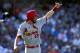 LOS ANGELES, CA - OCTOBER 16: Matt Carpenter #13 of the St. Louis Cardinals reacts as he scores a run in the third inning against the Los Angeles Dodgers in Game Five of the National League Championship Series at Dodger Stadium on October 16, 2013 in Los