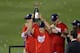 ARLINGTON, TX - OCTOBER 22: Team president Nolan Ryan of the Texas Rangers holds the Warren C. Giles Trophy after defeating the New York Yankees in Game Six of the ALCS to advance to the World Series during the 2010 MLB Playoffs at Rangers Ballpark in Ar