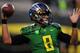 EUGENE, OR - SEPTEMBER 28: Quarterback Marcus Mariota #8 of the Oregon Ducks warms up before the game against the California Golden Bears at Autzen Stadium on September 28, 2013 in Eugene, Oregon. (Photo by Steve Dykes/Getty Images)