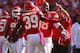 KANSAS CITY, MO - OCTOBER 13: Junior Hemingway #88 celebrates with Husain Abdullah #39 of the Kansas City Chiefs after Abdullah returned an interception for touchdown against the Oakland Raiders October 13, 2013 at Arrowhead Stadium in Kansas City, Misso