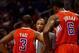 Oct 15, 2013; Phoenix, AZ, USA; Los Angeles Clippers head coach Doc Rivers (center) talks with guard Chris Paul (3) and center DeAndre Jordan against the Phoenix Suns at US Airways Center. Mandatory Credit: Mark J. Rebilas-USA TODAY Sports