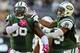 EAST RUTHERFORD, NJ - OCTOBER 13: Defensive end Muhammad Wilkerson #96 of the New York Jets celebrates with teammate Antonio Allen #39 after Wilkerson's sack of quarterback Ben Roethlisberger #7 of the Pittsburgh Steelers in the fourth quarter during a ga