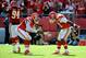 Oct 13, 2013; Kansas City, MO, USA; Kansas City Chiefs outside linebacker Tamba Hali (left) celebrates with outside linebacker Justin Houston (50) after a sack against the Oakland Raiders in the second half at Arrowhead Stadium. Kansas City won the game 2