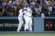 LOS ANGELES, CA - OCTOBER 14: Carl Crawford #25, Andre Ethier #16 and Yasiel Puig #66 of the Los Angeles Dodgers celebrate after the Dodgers defeat the St. Louis Cardinals 3-0 in Game Three of the National League Championship Series at Dodger Stadium on