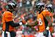 December 30, 2012; Denver, CO, USA; Denver Broncos quarterback Peyton Manning (18) and wide receiver Demaryius Thomas (88) celebrate after Thomas scored a touchdown pass during the second half against the Kansas City Chiefs at Sports Authority Field at Mi