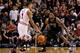 MIAMI, FL - JANUARY 29: Derrick Rose #1 of the Chicago Bulls is guarded by LeBron James #6 of the Miami Heat during a game at American Airlines Arena on January 29, 2012 in Miami, Florida. NOTE TO USER: User expressly acknowledges and agrees that, by dow