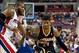 Feb 23, 2013; Auburn Hills, MI, USA; Indiana Pacers small forward Paul George (24) drives past Detroit Pistons center Greg Monroe (10) during the fourth quarter at The Palace. Pacers win 90-72. Mandatory Credit: Tim Fuller-USA TODAY Sports