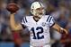Oct 14, 2013; San Diego, CA, USA; Indianapolis Colts quarterback Andrew Luck (12) throws a pass against the San Diego Chargers at Qualcomm Stadium. Mandatory Credit: Kirby Lee-USA TODAY Sports