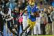 October 12, 2013; Pasadena, CA, USA; UCLA Bruins wide receiver Shaquelle Evans (1) runs the ball to score a touchdown against the California Golden Bears during the second half at the Rose Bowl. Mandatory Credit: Gary A. Vasquez-USA TODAY Sports