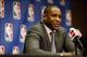 May 9, 2013; Denver, CO, USA; Denver Nuggets general manager Masai Ujiri during the press conference naming him NBA executive of the year at the Pepsi Center. Mandatory Credit: Chris Humphreys-USA TODAY Sports