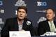 NEW YORK, NY - JUNE 3: Hal Steinbrenner, Managing General Partner of the New York Yankees (L) and Jim Delany, Commissioner of the Big Ten Conference addresses the media during a press conference to announce the New Era Pinstripe Bowl's eight-year partners