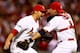 ST LOUIS, MO - OCTOBER 18: Trevor Rosenthal #26 and catcher Yadier Molina #4 of the St. Louis Cardinals celebrate after the Cardinals defeat the Los Angeles Dodgers 9-0 in Game Six of the National League Championship Series at Busch Stadium on October 18