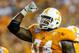 August 31, 2012; Atlanta, GA, USA; Tennessee Volunteers offensive linesman Antonio Richardson (74) celebrates in the second half against the North Carolina State Wolfpack at the Georgia Dome. Tennessee beat NC State 35-21. Mandatory Credit: Daniel Shirey-