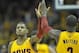 Oct 30, 2012; Cleveland, OH, USA; Cleveland Cavaliers point guard Kyrie Irving (left) and shooting guard Dion Waiters (3) celebrate in the fourth quarter against the Washington Wizards at Quicken Loans Arena. Mandatory Credit: David Richard-USA TODAY Spor