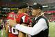 ATLANTA, GA - OCTOBER 07: Head coach Rex Ryan of the New York Jets hugs Tony Gonzalez #88 of the Atlanta Falcons after their 30-28 win at Georgia Dome on October 7, 2013 in Atlanta, Georgia. (Photo by Kevin C. Cox/Getty Images)