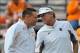 Oct 19, 2013; Knoxville, TN, USA; Tennessee Volunteers head coach Butch Jones (left) talks with South Carolina Gamecocks head coach Steve Spurrier (right) prior to the game at Neyland Stadium. Mandatory Credit: Jim Brown-USA TODAY Sports