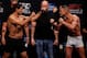 Oct 18, 2013; Houston, TX, USA; Gilbert Melendez, left, and Diego Sanchez, right, during the weigh-in for UFC 166 at Toyota Center. Mandatory Credit: Andrew Richardson-USA TODAY Sports