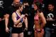 Oct 18, 2013; Houston, TX, USA; Sarah Kaufman, left, and Jessica Eye, right, during the weigh-in for UFC 166 at Toyota Center. Mandatory Credit: Andrew Richardson-USA TODAY Sports