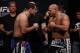 Oct 18, 2013; Houston, TX, USA; Gabriel Gonzaga, left, and Shawn Jordan, right, during the weigh-in for UFC 166 at Toyota Center. Mandatory Credit: Andrew Richardson-USA TODAY Sports