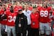 Oct 19, 2013; Columbus, OH, USA; Ohio State Buckeyes running back Carlos Hyde (34), Shelley Meyer and Urban Meyer celebrate after defeating Iowa Hawkeyes 34-24 at Ohio Stadium. Mandatory Credit: Andrew Weber-USA TODAY Sports