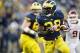 Oct 19, 2013; Ann Arbor, MI, USA; Michigan Wolverines running back Fitzgerald Toussaint (28) running the ball in for a touchdown in the third quarter against the Indiana Hoosiers at Michigan Stadium. Mandatory Credit: Rick Osentoski-USA TODAY Sports