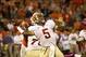 Oct 19, 2013; Clemson, SC, USA; Florida State Seminoles quarterback Jameis Winston (5) throws the ball during the second half against the Clemson Tigers at Clemson Memorial Stadium. Seminoles won 51-14. Mandatory Credit: Joshua S. Kelly-USA TODAY Sports