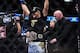 Nov 12, 2011; Anaheim, CA, USA; Junior Dos Santos has the championship belt placed on by UFC president Dana White after defeating Cain Velasquez (not pictured) by way of knockout after the UFC championship bout at the Honda Center. Mandatory Credit: Gary
