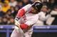 NEW YORK - OCTOBER 19: Mark Bellhorn #12 of the Boston Red Sox hits a two-run-home-run in the fourth inning against the New York Yankees during game six of the American League Championship Series on October 19, 2004 at Yankee Stadium in the Bronx boroug