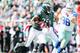 PHILADELPHIA, PA - OCTOBER 20: LeSean McCoy #25 of the Philadelphia Eagles carries the all as Nick Hayden #96 of the Dallas Cowboys defends in the first quarter on October 20, 2013 at Lincoln Financial Field in Philadelphia, Pennslyvania. (Photo by Elsa