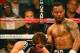 May 5, 2012; Las Vegas, NV, USA; Shane Mosley (right) dodges a left from Canelo Alvarez during the third round at MGM Grand Garden Arena. Mandatory Credit: Jake Roth-USA TODAY Sports