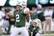 Oct 20, 2013; East Rutherford, NJ, USA; New York Jets kicker Nick Folk (2) celebrates his game winning field goal during overtime against the New England Patriots at MetLife Stadium. The Jets won the game 30-27 in overtime. Mandatory Credit: Joe Camporeal
