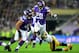 LONDON, ENGLAND - SEPTEMBER 29: Running back Adrian Peterson #28 of the Minnesota Vikings beats linebacker Vince Williams #98 of the Pittsburgh Steelers to score a touchdown during the NFL International Series game between Pittsburgh Steelers and Minneso